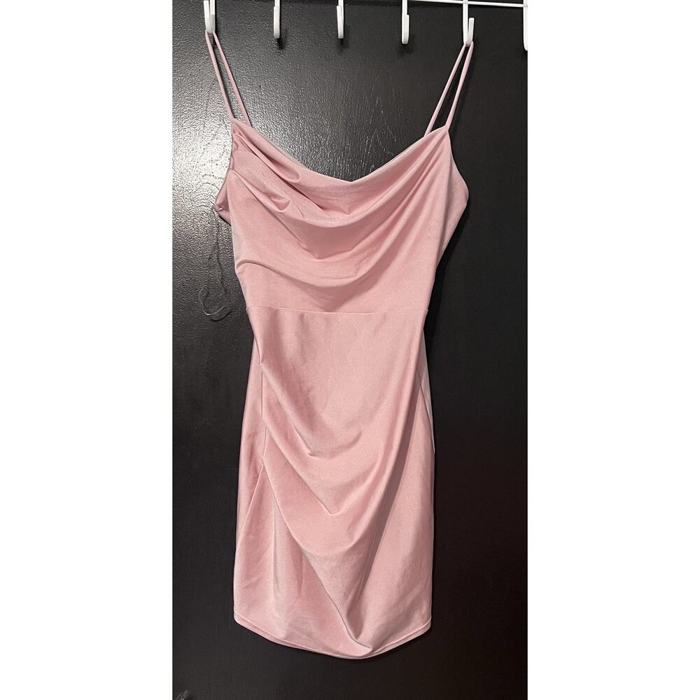 NWT Windsor Sz L Pink Satin Body Con Mini Dress Cowl Neckline Spaghetti Straps
